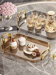 1pc Oval PET Serving Tray, Suitable For Kitchen, Dining Table, Ramadan - Gold - View 4
