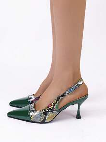 XBYASDF 2026 New Colorful Snake Skin Patchwork Pointed Toe Kitten Heel Sandals, European And American Fashion Commute, Date, Party High Heel Sandals For Women - Green - View 5