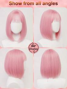 XYUNMI Women's French Bob Wig In Soft Pink Straight Hair 12-Inch Textured Heat-Resistant Synthetic Fiber Natural Matte Finish No Lace Cap Elegant Style Suitable For Daily Wear, Parties, And Role-Playing Occasions - Pink - View 5