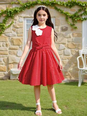 Tween Girl Casual Midi Dress With Polka Dot Print & 3D Flower Decor, Sleeveless, Belted Waist, Elegant & Vintage Style For Daily Casual, Spring/Summer