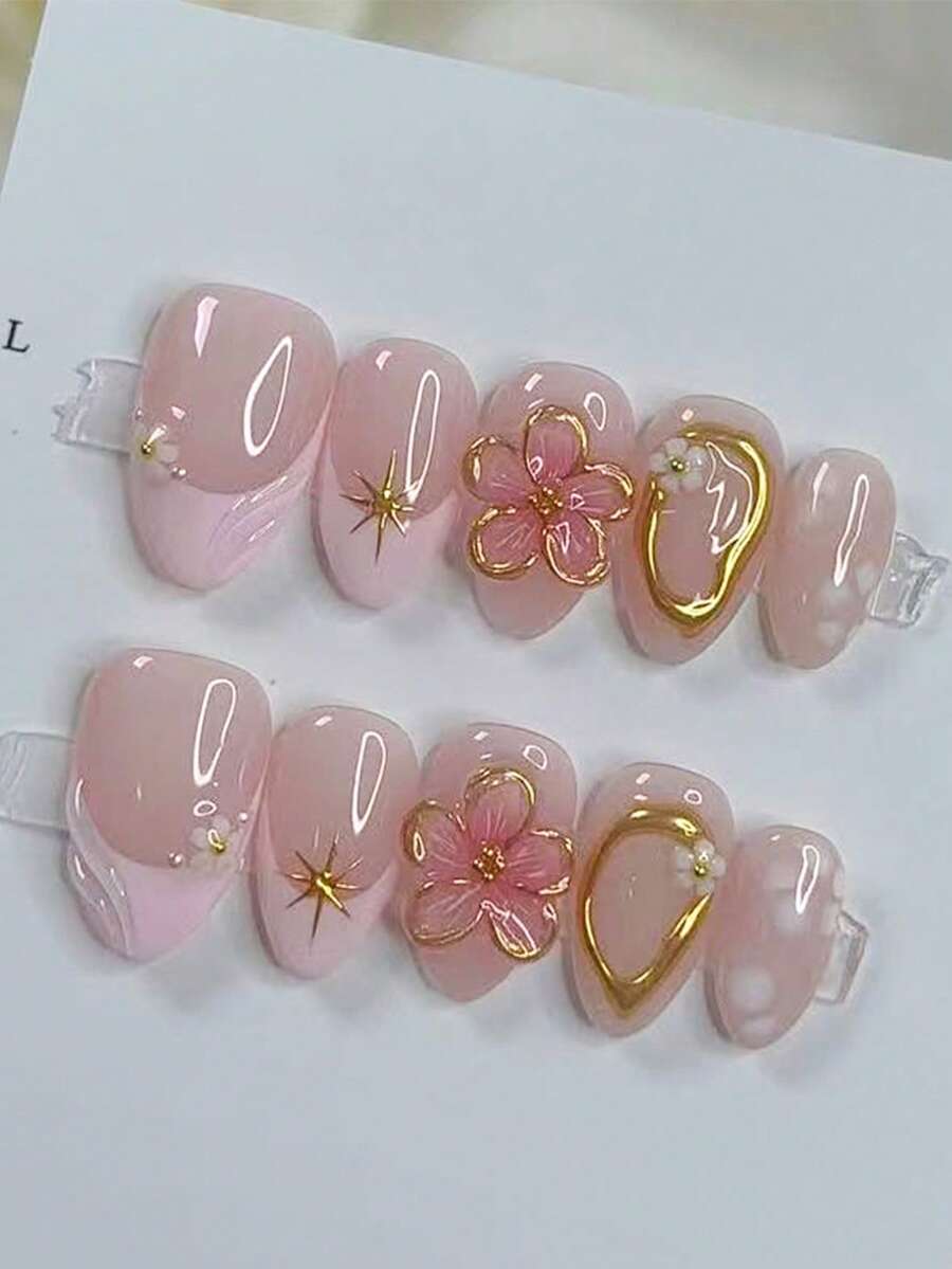10片粉色镀金花卉Y2K风格美甲贴纸，杏仁形短款法式软妹可爱小花美甲，简约高端手工美甲贴片，适合日常佩戴，按压式美甲贴片，美甲用品，手工按压式美甲贴片 - 粉色 - 查看 1