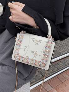2026 Early Spring White Lace Trim Mini Square Bag, Cute Pearl Chain Strap Handbag, Floral Print Crossbody Bag For Women, Suitable For Daily Commute, Shopping, Party, Gift - White - View 7