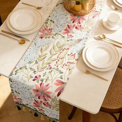 1 قطعة جاكارد ثلاثي اللون مزين بشراريع، بطراز أمريكي قديم مزخرف بالزهور، قماش طاولة ديكور منزلي