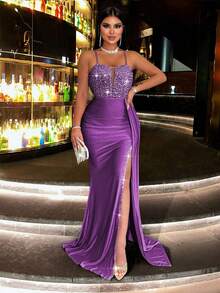 CHOSMO Đầm dạ hội, đầm dài dự tiệc cạp cao, hở lưng, đính sequin, xẻ tà bên và thắt lưng satin, thanh lịch cho ngày Valentine, Giáng sinh, các dịp trang trọng, đám cưới, tiệc mùa xuân. - Màu tím đậm - Xem 8