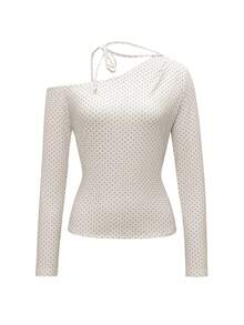 阳光少女风白色波点针织长袖上衣，韩版纯粹欲望风格，单肩蝴蝶结系带，适合夏季情人节、居家休闲或日常通勤穿着。 - 米色 - 查看 3