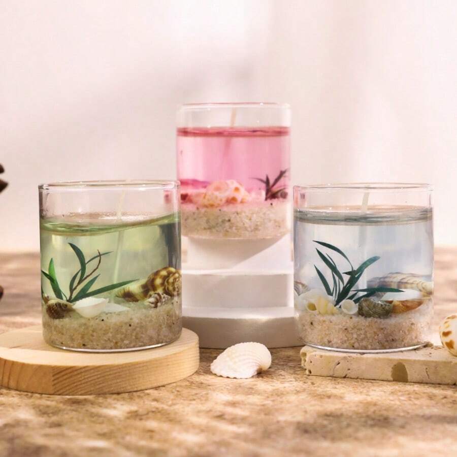 每盒1支，全新海洋生物系列果冻香氛蜡烛，随机沙滩、海藻、贝壳装饰，营造浪漫、温馨、宁静的氛围，适合作为生日礼物、派对、情人节、感恩节、周年纪念日、母亲节、父亲节、烛光晚餐、闺蜜聚会及各种浪漫场合的礼品。