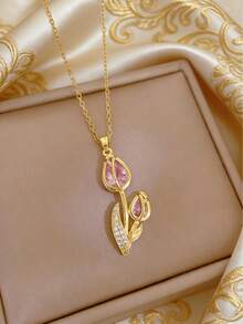 1pc Stainless Steel Chain Zirconia Tulip Pendant Fashion Necklace Jewelry, Gift Accessory - Type a - View 7