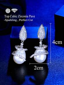 一对优雅的白色珍珠吊坠耳环，镀银立方氧化锆首饰，适合新娘、伴娘、订婚、宴会、派对、舞会、情人节、生日、周年纪念日等场合佩戴。 - 1pcs of Earrings - 查看 8