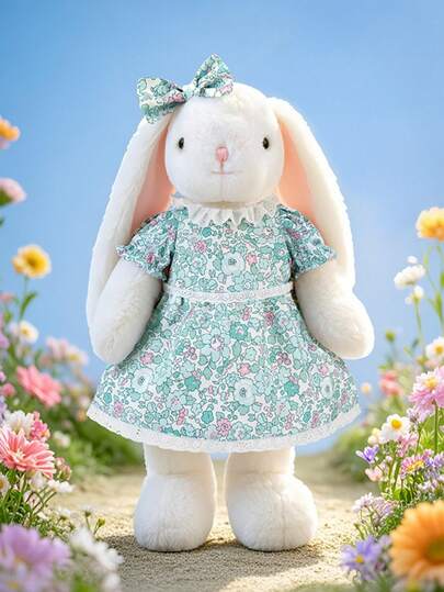 15.75in Blue Floral Dress Bunny Plush Toy – Super Soft And Cuddly Bunny Doll Adorned With A Lace Floral Print Dress, Cute Plush Keychain, A Perfect Companion For Teenagers, And A Great Birthday/Valentine's Day Gift | Adorable Decoration And Cuddly Toy. It's More Than Just A Plush Toy; It's A Multi-Functional Companion: Its Medium Size Allows It To Be Cuddled On Your Lap/Bed To Relieve Pre-Sleep Anxiety, Its Lightweight Design Makes It A Playful Accessory For Bags/Keychains, And It's Also A Lovely Decorative Element For Bedrooms And Dorm Rooms. Suitable As A Gift For Various Occasions (Children's Birthdays, Teenager Dorm Room Decorations, Valentine's Day/Holiday Gifts). Jelly Cat, Toy, Plush Toy, Luxury, Brain-Rotten, Teddy Bear, Plush Toy, Bear, Sewing, Sewing Supplies