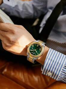 Guess GW0265G8 Classic Elegant Men's Quartz Analog Wrist Watch With Date/Day Display, Green Round Dial, Silver-Gold Stainless Steel Strap, Suitable For Daily Business Wear, Also An Ideal Gift For Men - Green - View 2