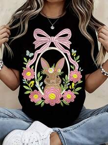 Women Easter Bunny With Flowers And Bow Embroidered Design Pure Cotton Casual Round Neck T Shirt Soft Comfortable Spring Summer Wear - 黑色 - 查看 1