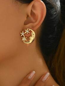 一对时尚独特的星月图案耳环，适合女性日常佩戴。 - 金色 - 查看 3