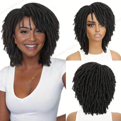 [Natural Afro Curly Wig] Natural Synthetic Afro Curly Dreadlock Wig - Short Twist Faux Locs, Breathable Layered Braids, Bob Style In Black, Brown, Copper, Blonde - Daily Cosplay Replacement Wig
