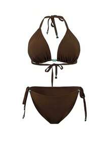 Plus Size Women's Beaded Tie-Up Two Pieces Bikini Set, Suitable For Vacation, Beach, Date, Valentine's Day. Brown Strap Triangle Cup Tie-Up Swimsuit Set - Brown - View 2