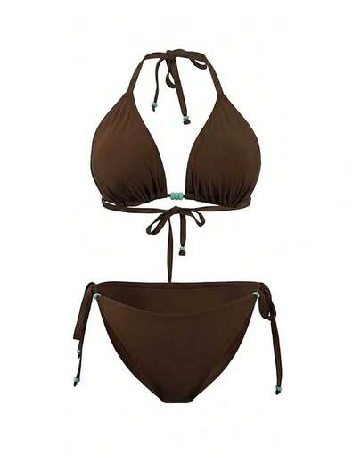 Conjunto de bikini de dos piezas con tirantes de unicolor y cuentas para mujer talla grande, adecuado para vacaciones, citas en la playa, Día de San Valentín. Traje de baño con triángulo colgante y taza atada en color marrón.