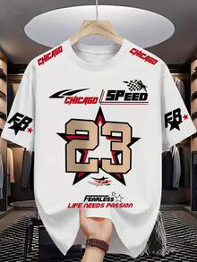 芝加哥速度队 93 号“无所畏惧”男士圆领 T 恤 - 芝加哥风格图案 T 恤，醒目的“23”设计，红黑印花，男士休闲夏季服饰，透气涤纶面料 - 彩色 - 查看 2