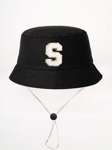 1顶26字母印花儿童渔夫帽+可拆卸防风绳，可调节户外遮阳帽，适合男孩女孩，春秋季旅行、海滩、度假 - 黑色 - 查看 12