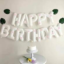 36个/套白色“生日快乐”气球横幅，带/不带粉色蝴蝶结，适合生日派对装饰、房间装饰、拍照。 - 白色 - 查看 2