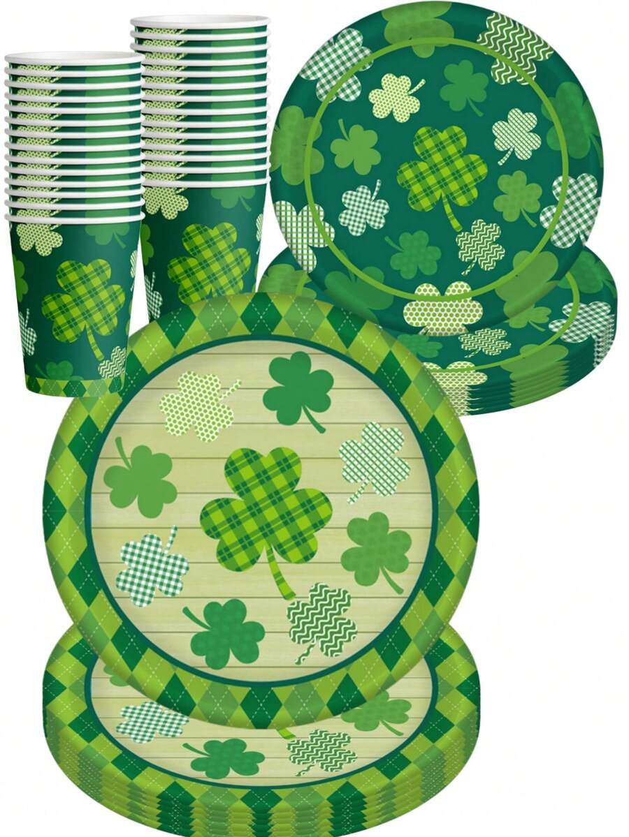 30pcs St. Patrick's Day Clover Theme Party Supplies Set - Green Clover And Plaid Pattern Disposable Paper Plates And Cups | Suitable For St. Patrick's Day Celebrations, Irish Themed Parties And Lucky Theme Parties Holiday Tableware | Various Clover Patterns And Diamond Border Decorations, Ideal For Party Favors, Home Party Decorations And Holiday Occasions - Multicolor - View 1