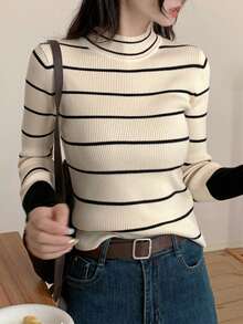 Women's Mock Neck Sweater, Fitted Knit Top, Versatile Layering Piece For Winter - Apricot - View 3