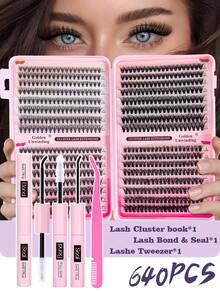 640pcs D-Curl Fluffy False Eyelashes Set, Includes Beginner-Friendly Eyelash Tutorial, Thick & Voluminous DIY Segmented False Lashes, With Glue, Sealant, Tweezers, Lash Brush, Magnifies Eyes, Lightweight & Reusable, Large Capacity Individual Lashes Set, Soft & Natural Mixed Lashes, Create 3D Dimensional Eye Makeup - Multicolor - View 8