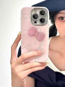 Sanrio Ins Cute Pink Girl 3D Rhinestone Bow Hello Kitty Compatible With IPhone 17 Phone Case, 16/14 Pro Max New 15 Pro Max Fashion 13 Full Coverage 14 Personalized 16 Pro Full Coverage Phone Case Protective Cover - Pink - View 2