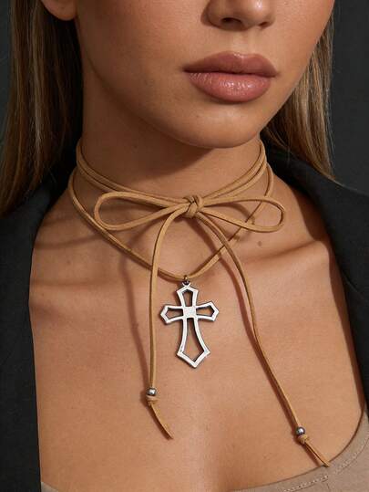 1 st INS-stil khaki rosettband korshänge halsband för kvinnor, slipshalsband choker krage kedja tillbehör