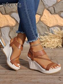 Giày sandal đế xuồng màu nâu, sandal đế dày mùa hè dành cho nữ có khóa cài, sandal La Mã nhẹ, khoét rỗng, đan thủ công, thích hợp cho kỳ nghỉ, giày đế dày phong cách bohemian. - màu nâu - Xem 2