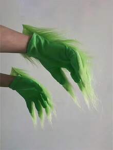 A Pair Of Green Plush Monster Gloves With Feather Extensions - Retro-Style Costume Props, Role-Playing Photography Props, Washable, Costume Props: Retro-Style Gloves: Plush Texture Gloves - Green - View 9