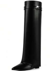 Luxury Fashion Women Fold Over Pointy Pull-On Shark Boots Women Wide Calf Padlock Boots Nightclub Elegant Shoes - Đen 1 - Xem 8