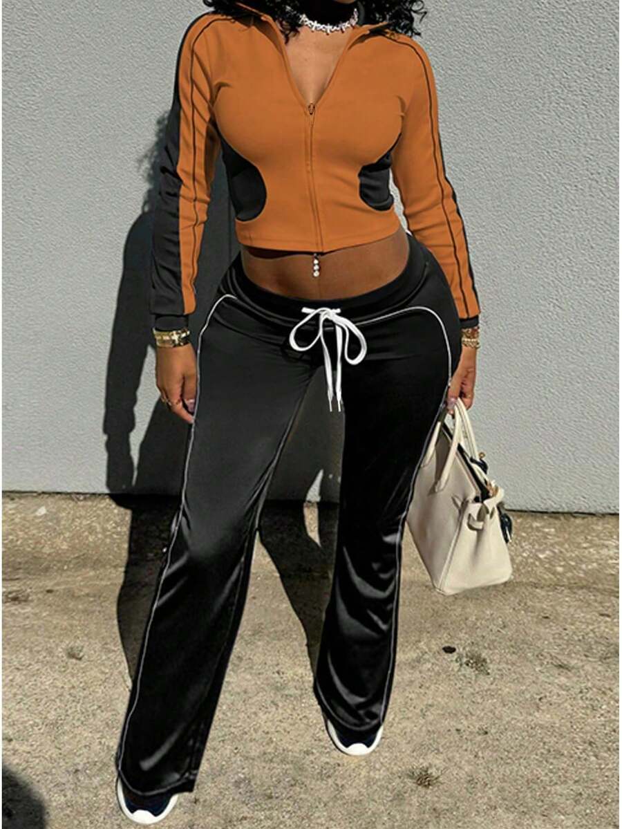2pcs Women's Fashion Cropped Hoodie Top And Flare Pants Set, With Zipper And Drawstring Details