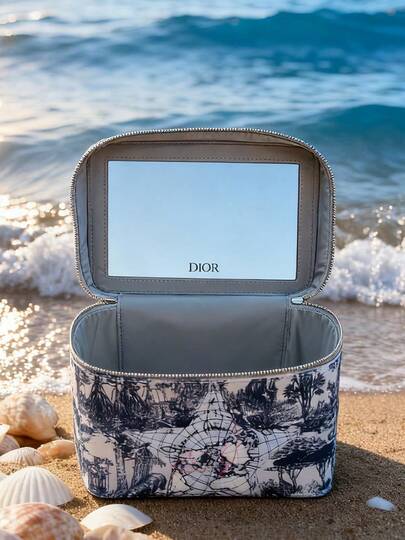 Dior Limited Edition Canvas Cosmetic Bag - Global Travel Series, With Mirror, Large Capacity Travel Makeup Organizer, Luxury Weekend Getaway Essential For Women