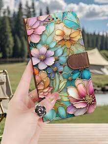 1PC Premium Durable Flip Wallet Phone Case Colorful Flowers With Gold Trim Art Pattern Design Compatible With IPhone 17/16/15/14/13/12 Series (Including Pro Max And Plus Models) With Foldable Stand And Credit Card Slots, Custom Made For Those Who Pursue Fashion And Perfection. - màu nâu - Xem 2