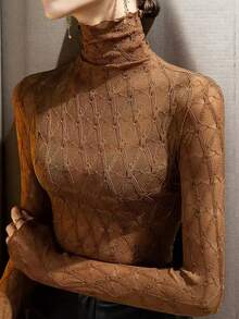 高领蕾丝吊带背心，修身长袖打底衫，时尚黑色T恤，适合春秋季穿着 - 摩卡色 - 查看 4