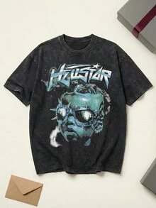 Hell Star Spiked Goggles Portrait Graphic Cotton Shirt Unisex Couple Matching Boyfriend Style Double Sided Print The Future Is Hell Star Acid Washed Cyber Grunge Y2K Summer Outfits Graphic Tees Men Oversized T Shirt Summer Clothes Men Fall Clothes Men Winter Clothes - 黑色 - 查看 5