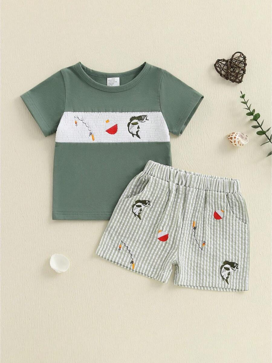 Toddler Baby Boy Fishing Outfit Short Sleeve Crew Neck Shirt And Plaid Elastic Waist Shorts Set Infant Summer Clothes - xanh quân đội - Xem 1