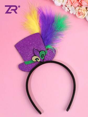 1 Stück Karnevalshaarteil mit lila glänzenden Pailletten und gelben, lila, grünen Federn, geeignet für Mädchen und Teenager, Karnevalsparty Haarband, elegante modische Haarspange für Frauen