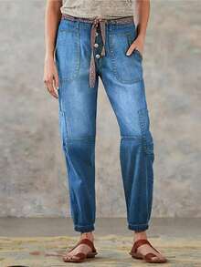 Women's Mid-Rise Elastic Waist Multi-Pocket Design Straight Leg Drawstring Jeans, Versatile Streetwear - Dark Wash - View 5