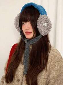 1件装女士毛绒耳罩，交叉毛领，彩色波点纱线围巾，冬季保暖，户外骑行适用，时尚百搭领带