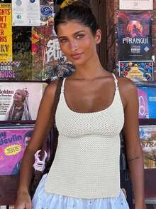 Women's Minimalist Elegant Knit Top, Casual Chic Style, Spring/Summer - White - View 4