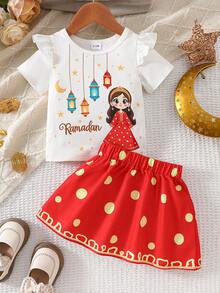 2 pièces/set Top à imprimé floral mignon et jupe rouge à pois pour bébé fille, mode et adorable, été - Blanc - Voir 2
