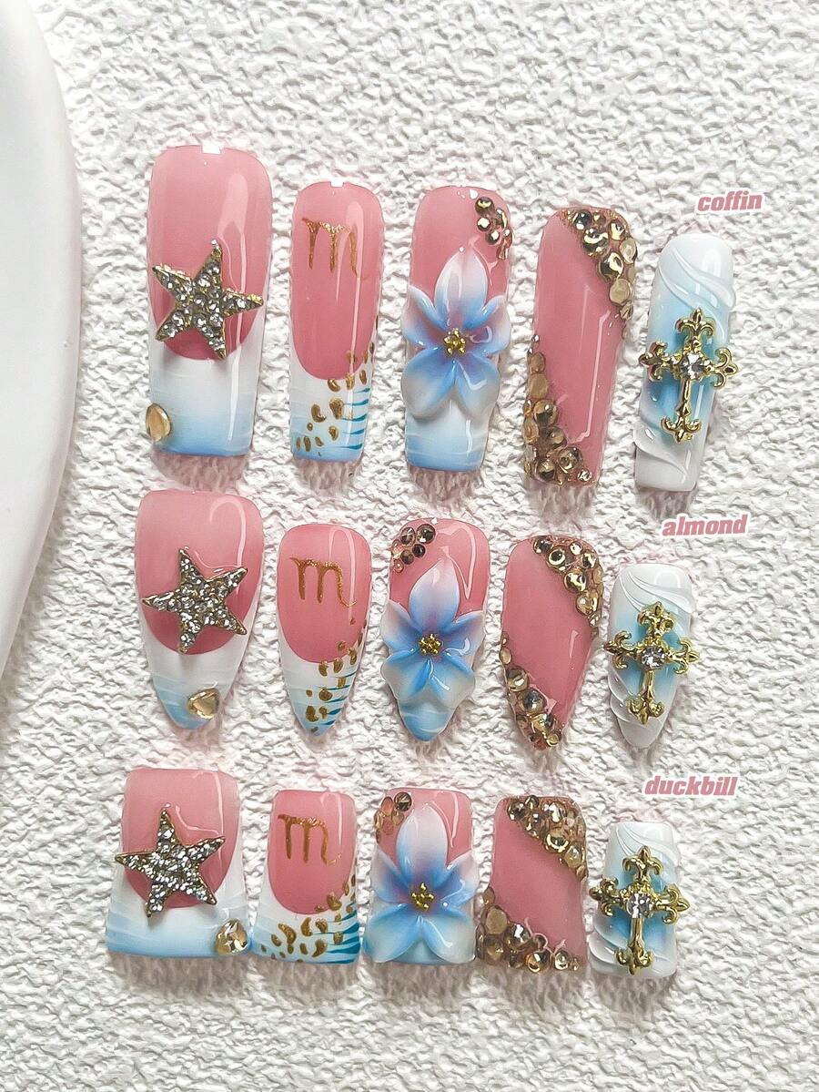 10件套Y2K复古美甲套装，手工渐变蓝色花朵、闪亮水晶星星、十字架、爱心美甲装饰、金色水晶美甲贴纸、裸色和蓝色指甲油，3种尺寸，包含工具包（1张果冻贴纸+1个指甲锉），适合派对、婚礼、日常佩戴，是送给女性和女孩的绝佳礼物。 - 彩色 - 查看 1