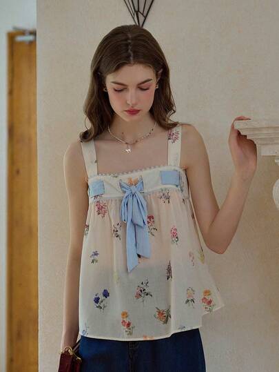 Simple Retro Camiseta de punto con cuello cuadrado, estampado floral y lazo decorativo para mujer, estilo francés, elegante y lindo, con un toque de vacaciones, para primavera/verano