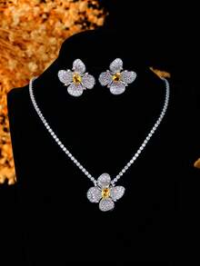 Luxury Floral Jewelry Set, Pink Crystal Petal & Yellow Gemstone Flower Necklace & Earrings, Elegant & Graceful For Formal Events - Multicolor - View 9