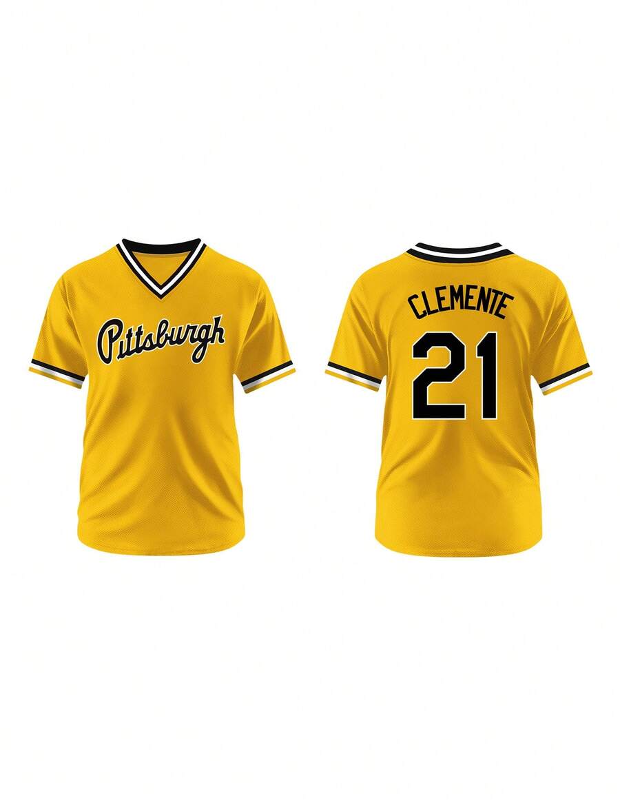 Boyfriend Style Men's  21 Yellow Baseball Jersey Casual Short Sleeved Embroidered And Stitching V-Neck Button T-Shirt Party Sports Top - Màu vàng - Xem 1