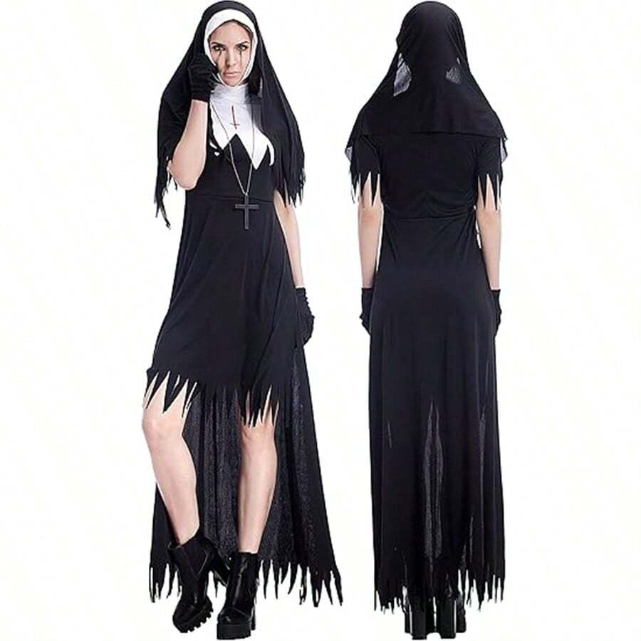 Costume d'Halloween effrayant de nonne zombie pour adultes. Uniforme confortable et décoratif thématique pour les fêtes de costume. La tenue parfaite pour la Saint-Valentin et le carnaval
