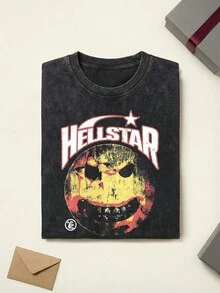 Hell Star Men's Black And Grey T-Shirt Hell Star Graphic Tee Cotton Shirt Unisex Couple Matching Boyfriend Style Double Sided Print Back Flame Face Graphic Distressed Happy Face Acid Washed Grunge Y2K Retro 90s Streetwear Summer Outfits Graphic Tees Men Oversized T Shirt Summer Clothes Men Fall Clothes Men Winter Clothes - 黑色 - 查看 3