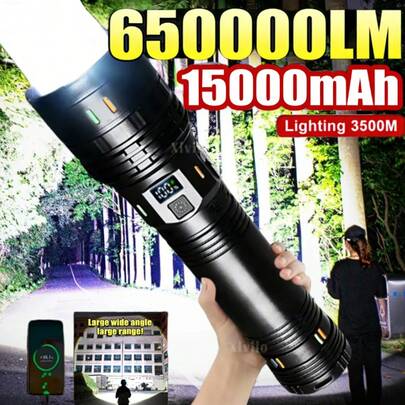 2026 超大 LED 手电筒 USB 可充电 3500M 高功率变焦战术灯 便携防水耐用 内置电池 带肩带 户外露营钓鱼灯 夜间骑行巡逻维修照明