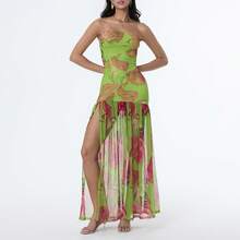 Women's Tube Top Dress Slim Strapless Backless Mesh Patchwork Tropical Leopard Print High Slit Long Dress for Party Club Night - Verde - Ver 7