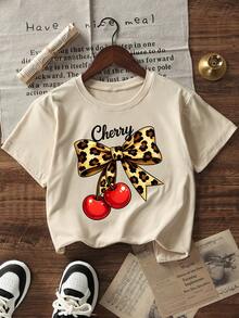 少女学生休闲印花圆领短袖T恤，夏季上衣 - 杏色 - 查看 4